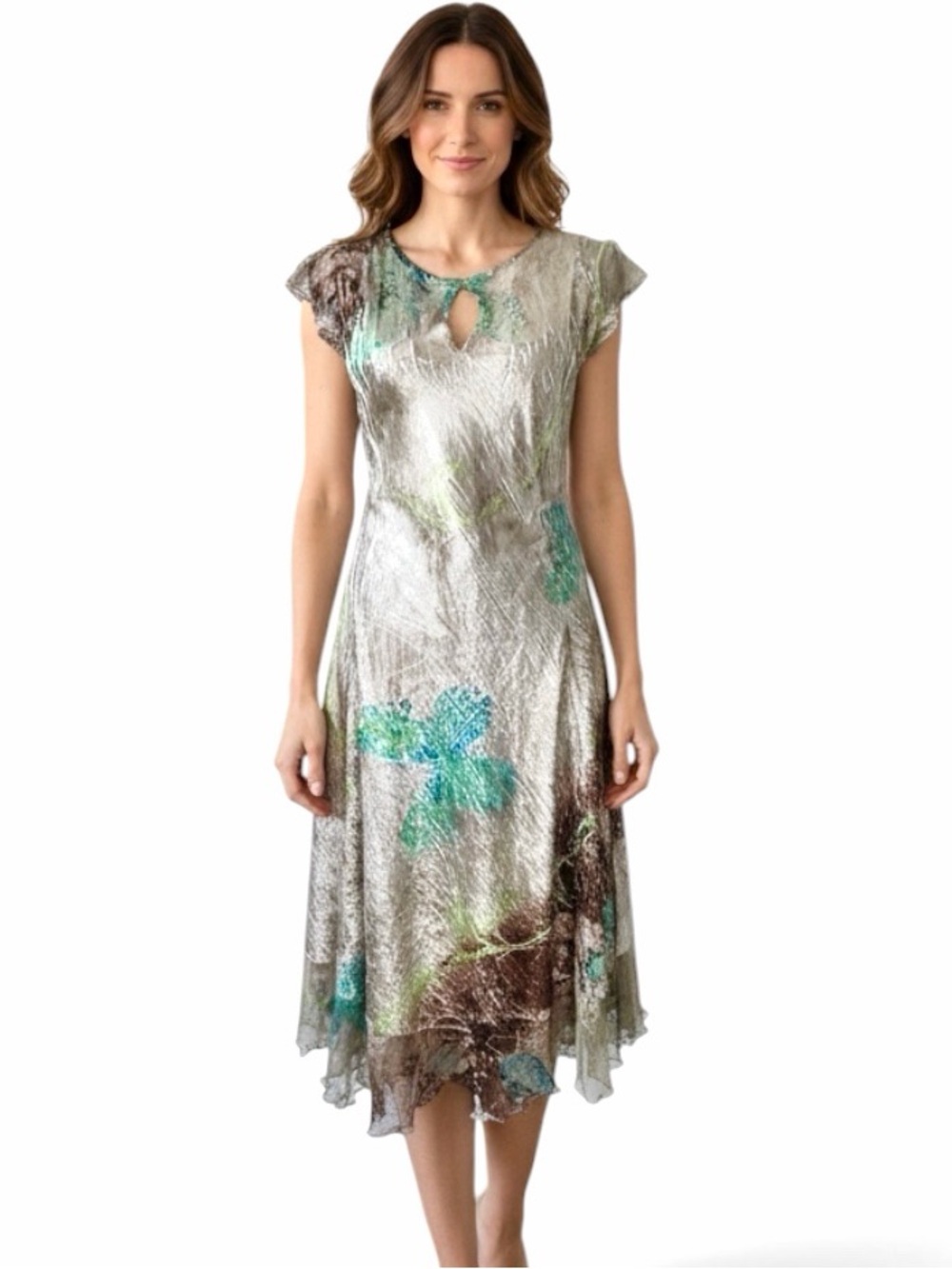 Komarov Signature Crinkle Shiny & Mesh Dress Silver Butterfly Print Cap Sleeve L